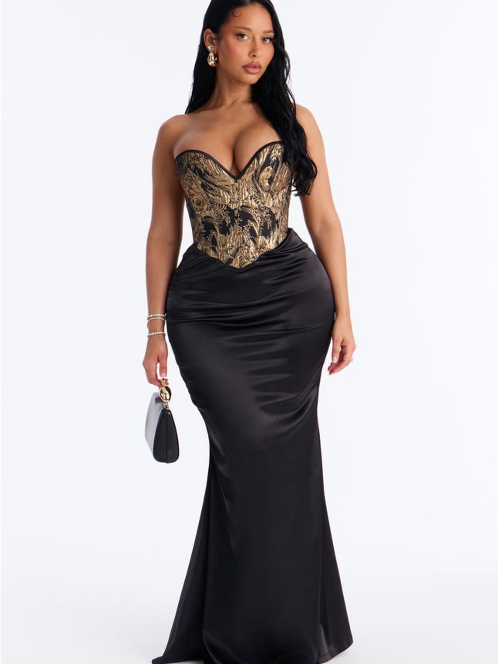 Fashion Nova Black and Gold Strapless Corset Mermaid Gown